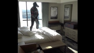 double cocked orca jerks off  and cums into used condom at hotel window