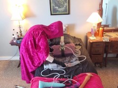 Locked, Costumed Twink Toys With It's Largest Dildos And Sounds Cage