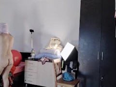 Sexy wife tries on clothes and cuts them. Latina hairy pussy, big tits.