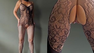 Hot Milf in crotchless Bodystockings presenting her shaved Pussy, Tits and Ass - Lingerie Show