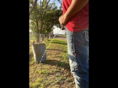 Taking a BIG desperate public piss very close to neighbors while picking up tree branches