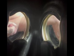 Masturbation viewed through a gas mask.