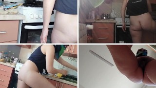 Sexy naked wife prepares food in the kitchen. Brunette's hairy pussy, big ass, big tits.