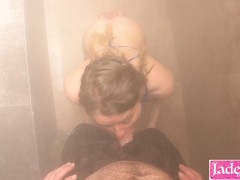 Amateur horny girlfriend sucking stranger big dick in public sauna