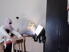 Amateur mom has fun trying on clothes and cutting them.