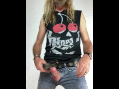 Longhairdude stroke and shoots in Spray On skinny jeans, Kings of Leon tshirt, 70s belt