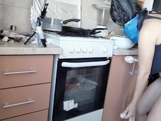 Amateur Hairy Brunette, Big Tits, Sensual Hairy Woman in the Kitchen.