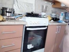 Amateur hairy brunette, big tits, sensual hairy woman in the kitchen.