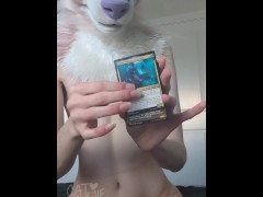 Cute little gambling addict puppygirl furry opening Magic the Gathering packs in her fursuit :3