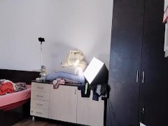 Amateur wife has fun trying on clothes and cutting them. Amateur wife dances naked around the house.