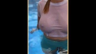 Wifey wet shirt in the pool with perfect braless tits