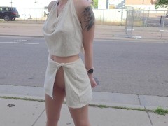 Dared by hubby to boldy flash my pussy through the scary part of town!