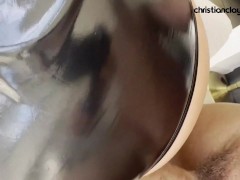 Nicole Doshi in leather lingerie crawls to take Christian Clay's big cock