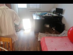 Sexy wife has fun trying on clothes and cutting them. Brunette dances naked around the house.
