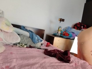 Sexy Wife has Fun trying on Clothes and Cutting Them. Brunette Dances Naked around the House.