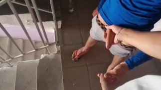Daddy and twink fucked roughly on the stairs near the neighbors , fucked without condoms , sprayed e
