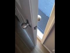 Hanging out with my pants off in my hotel room with the door open. I love masturbating.