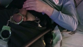 Shackles squeezing my balls, security guard