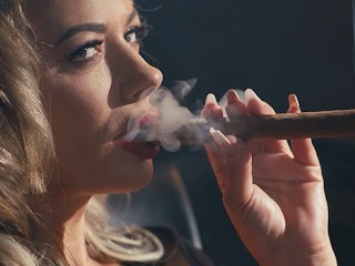 Horny MILF with HUGE Tits Masturbating and Giving Blowjob while Smoking a 9 Inch Cigar