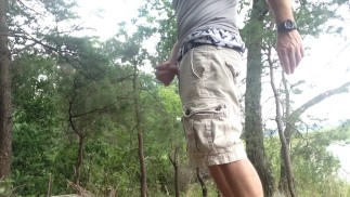 Public Masturbation by the river, sagging, showing some boxers