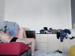Amateur wife has fun trying on clothes and cutting them off. Amateur wife dances naked around the ho