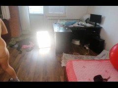 Amateur wife having fun trying on clothes that she cuts off.