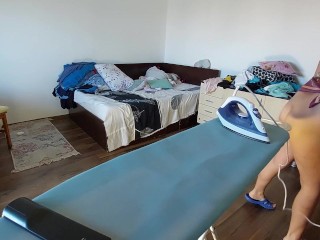 Amateur Wife does Housework Naked. Latina with Hairy Pussy, Big Ass.