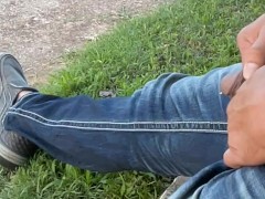 Taking a sexy desperate public seated rainbow arched piss in front of street and neighbors