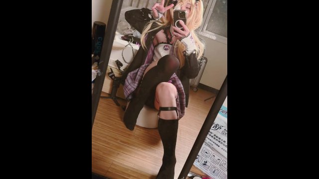 Cute Femboy Cosplaying Genshin Fischl Plays with His Big Cock in Front of the Mirror