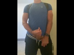 JockDad87 shoots a load in a public bathroom