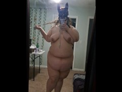 Pale brunette white bbw woman naked admiring herself in the mirror