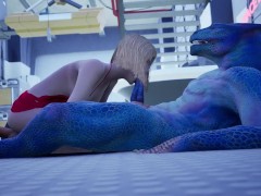 Blue Furry Dragon Gets Blowjob From Babe In Red Dress