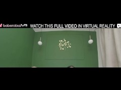 Solo long haired brunette Ara Mix plays with a big dildo,in VR.