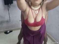 Indian desi sexy bhabhi sex with devar wearing sexy velvet gown.