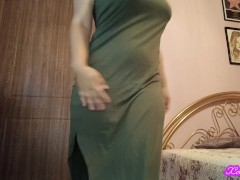 Brunette PAWG farting in long green dress and shaking ass! What a beautiful view!