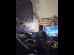 Young chubby slut keeps her step Daddy's cock warm while playing video games.