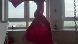 yoga in tight transparent red dress