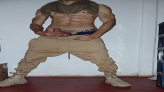 Ripped military stud strips naked and cums hard