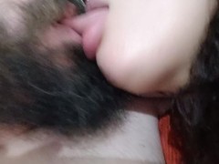 horny slut with a tongue kiss, jerking off the cuckold's cock hard while she sucks his big mouth