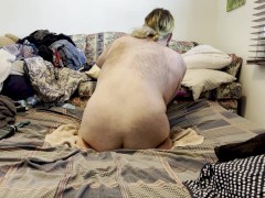 Chubby bear has fun with his dildos