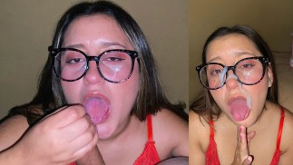 The young slut gives merciless oral sex to her stepbrother.