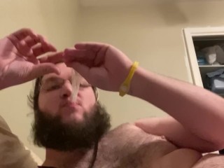 Showing Hole and Eating Cum from a Condom