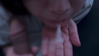 Kinky girl with dick in the back of her throat and squeezing sperm out.