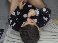 Handjob and cum mouthful before bed