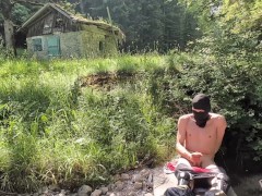 Cum next to Abandoned House in Forest wearing MX Gear