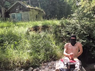 Cum next to Abandoned House in Forest Wearing MX Gear