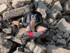 Masturbation on a pile of rubble in MX Gear - Cum in Boots - Slurping Condom