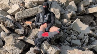 Masturbation on a pile of rubble in MX Gear - Cum in Boots - Slurping Condom