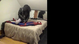 1980's long haired metal head fucks dummy fan in spiderman suit