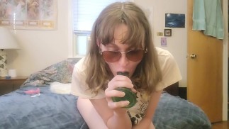 Cute trans girl fuck a dildo back bent over her bed with emo shirt and thong